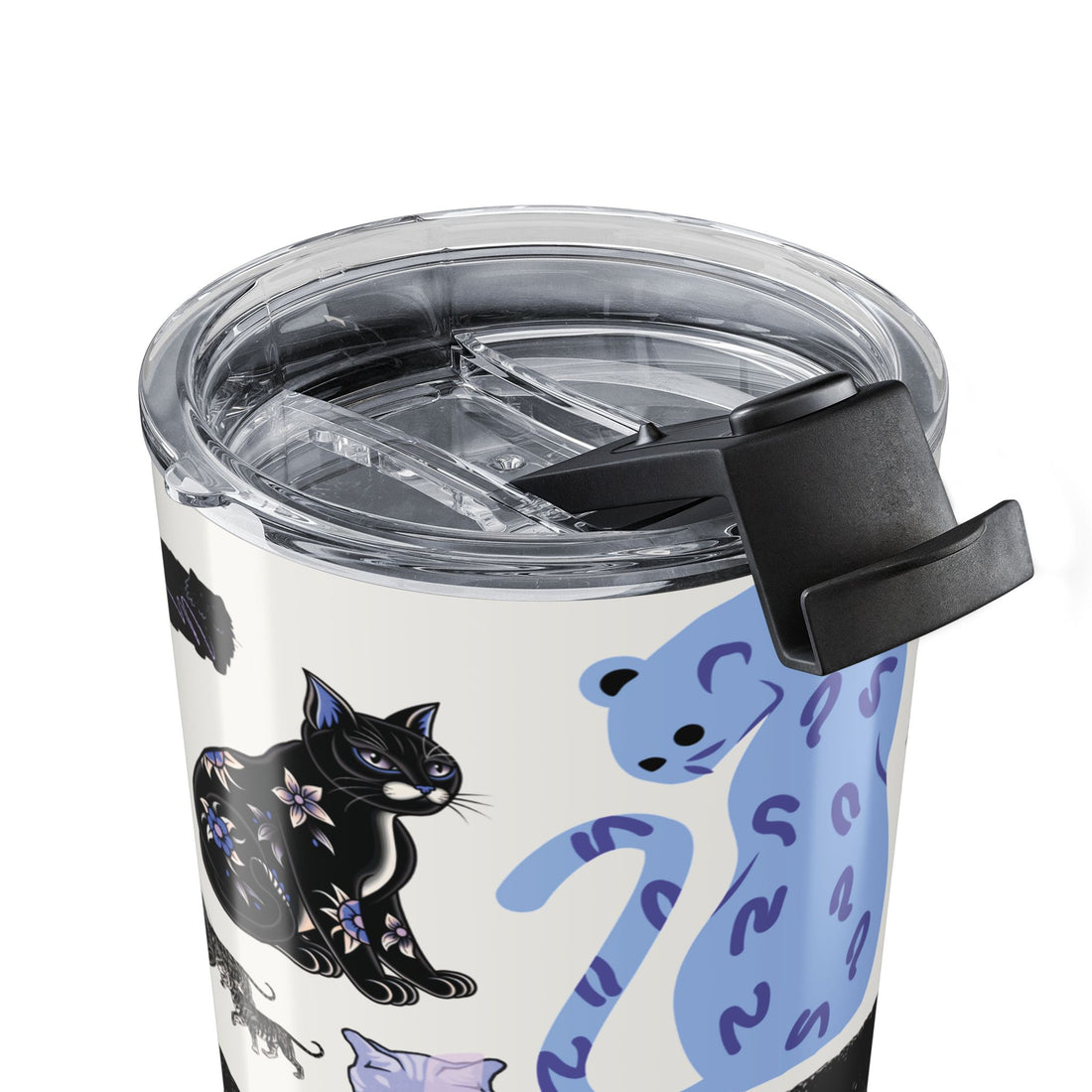 Tumbler with cat designs on a white background