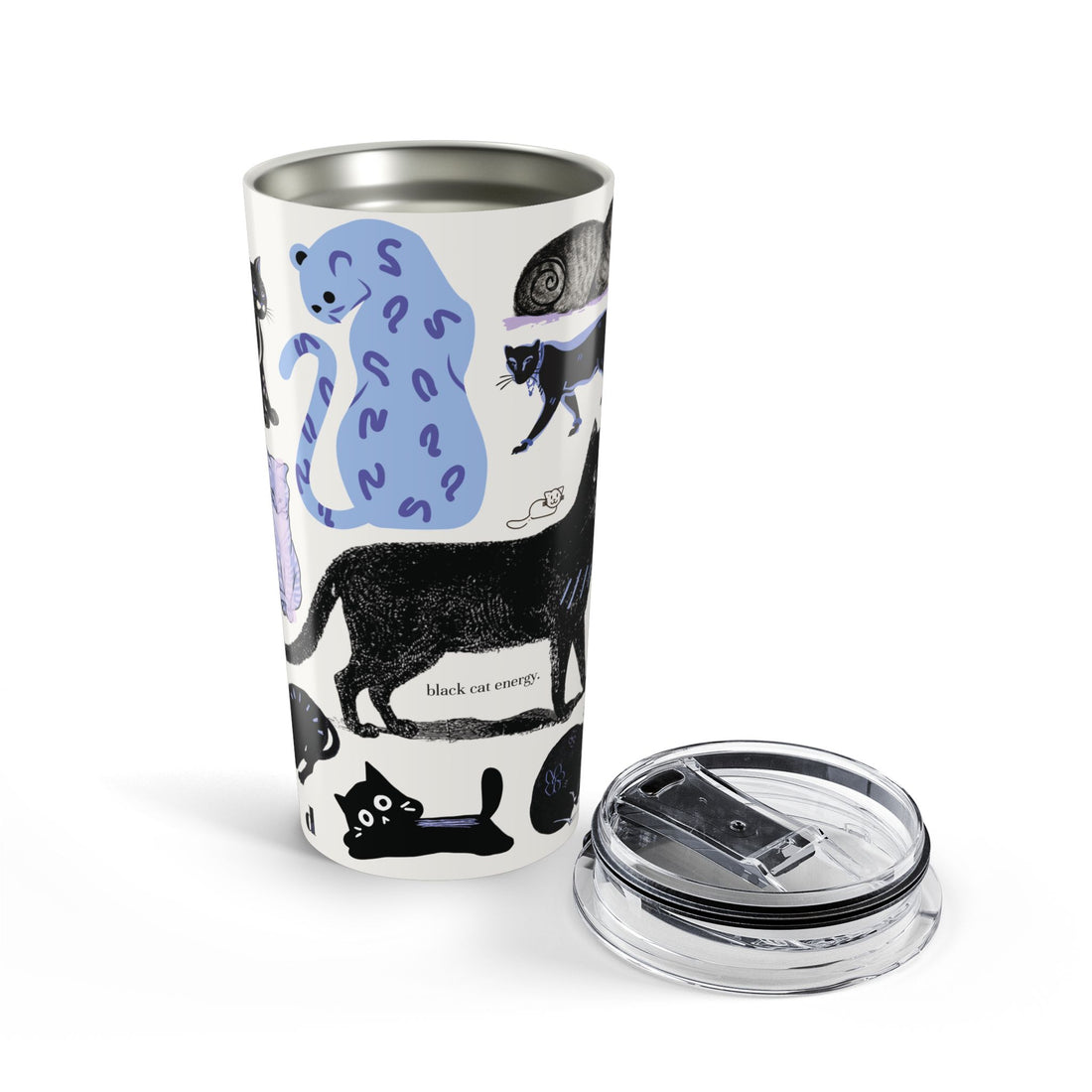 Tumbler with cat design and snake illustration on a white background