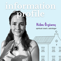 Book cover with a woman's portrait and text about a spiritual coach and astrologer on a light blue background.