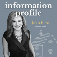 Book cover with a woman and text 'information profile Jules Hirst etiquette coach' on a gray background