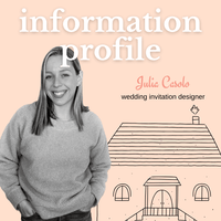 Person with text 'information profile' and 'Julia Casolo wedding invitation designer' on a pink background with house illustration.