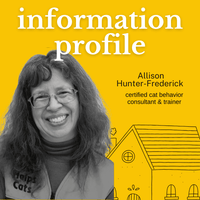 Yellow background with a black and white photo of a woman and text about a certified cat behavior consultant.